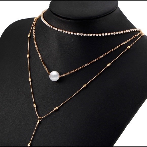 3 lather rhinestone pearl teardrop choker necklace - Picture 4 of 8